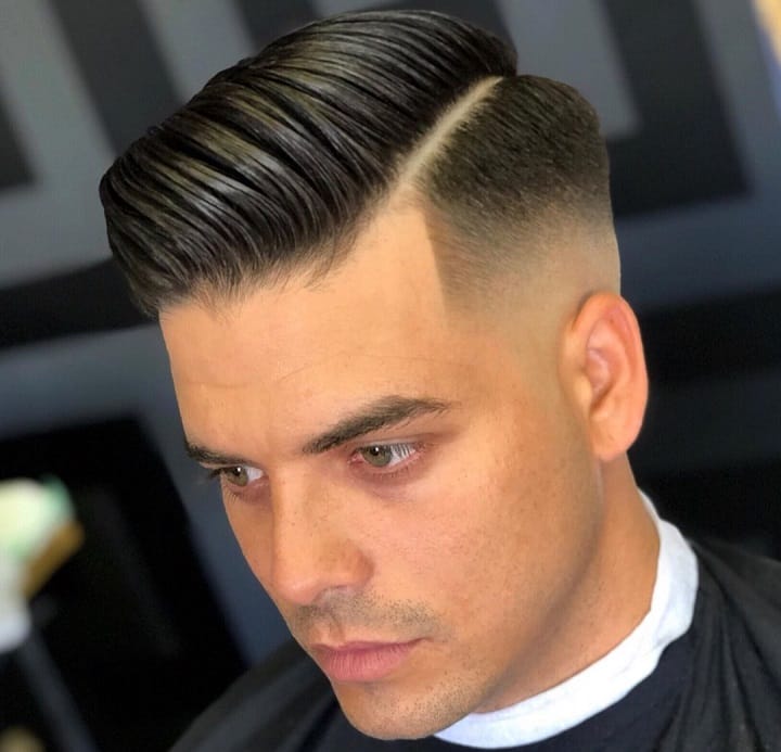 Low Fade With Hard Part Comb Over 