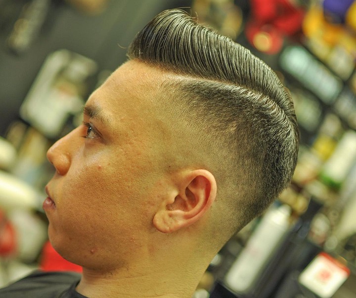 Side Part Drop Fade And Pomp