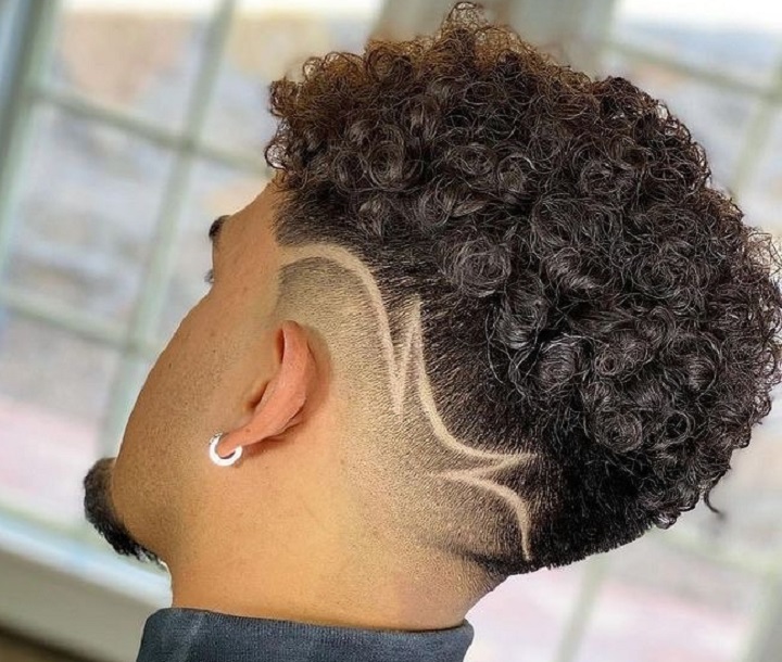 Messy Curly Fade Haircut With Design 