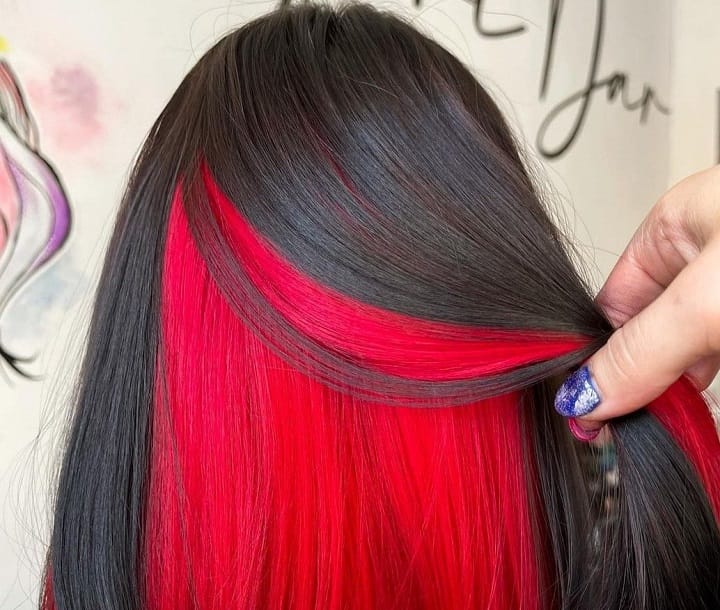 Bright Red In Black Peekaboo Straight Hair