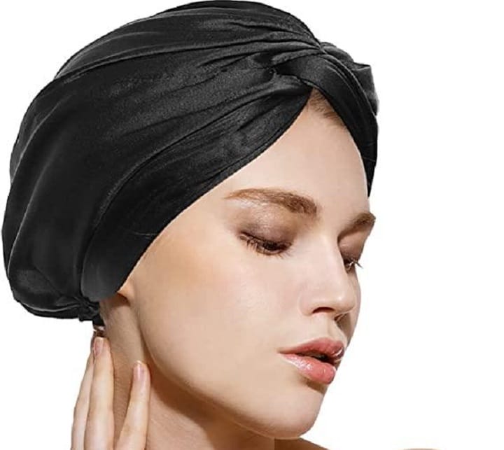 Woman Wearing Satin Bonnet For Hair
