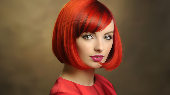 Bright Red Haircut with Side-Swept Bangs