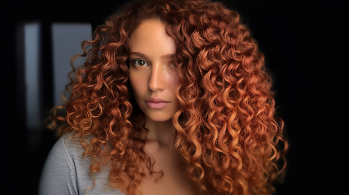 Curly Copper Brown Haircut with Blonde Highlights