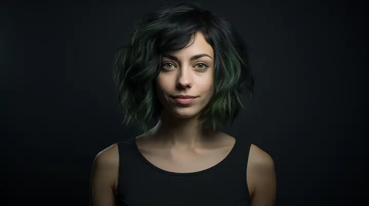 Wavy Shaggy Bob on Dark Hair with Green Highlights