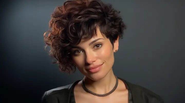 Asymmetric Short Curly Haircut with Bangs