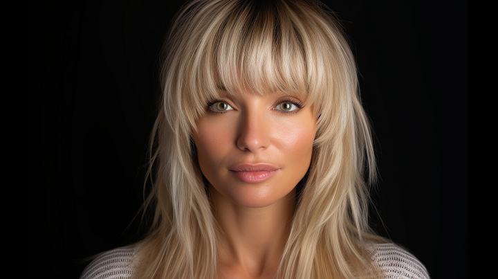 Blonde Shag Hair with Thick French Bangs