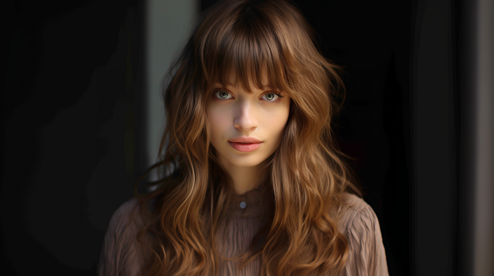 Brown Wavy Haircut with Choppy Layers and French Bangs