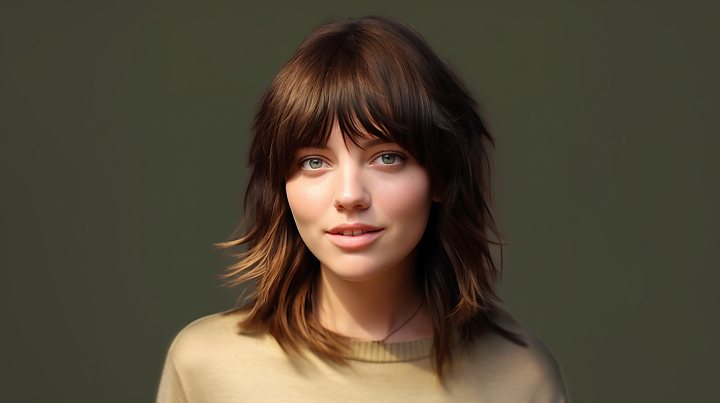 Center-Parted French Bangs on Layered Shag Hair