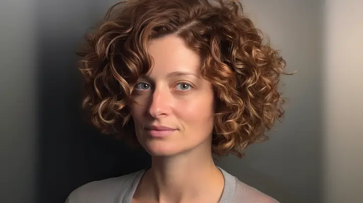 Jaw-length Curly Brown Bob Hair with Highlights