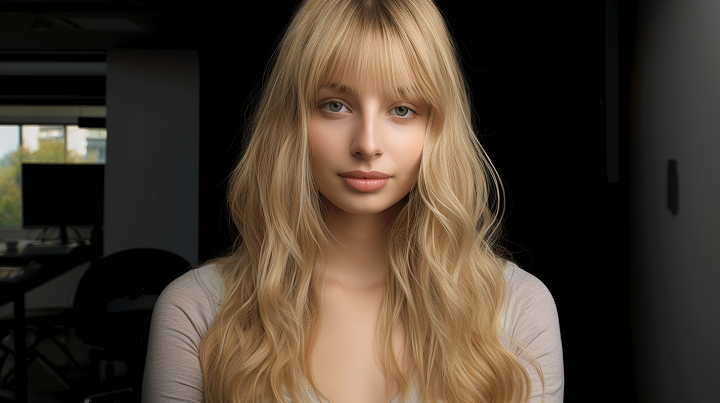 Long Blonde Hairstyle with Grown Out French Bangs