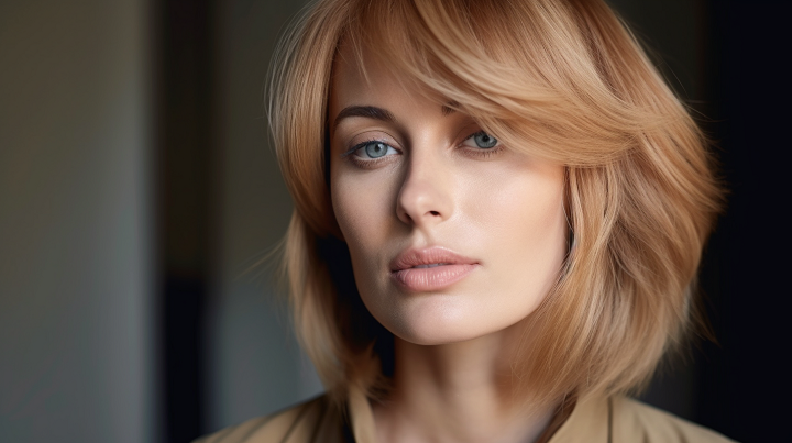 Peach Blonde Hairstyle with Butterfly Layers and Bangs