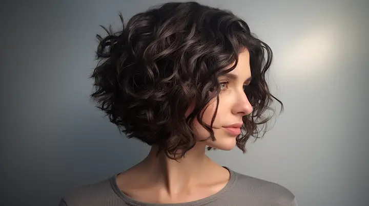 Short Angled Brunette Bob Hair with Messy Curls