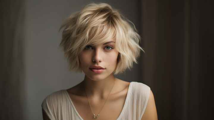 Short Blonde Bob Hair with Dark Roots and Flipped Bangs