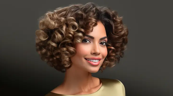 Short Brown Curly Haircut with Highlights