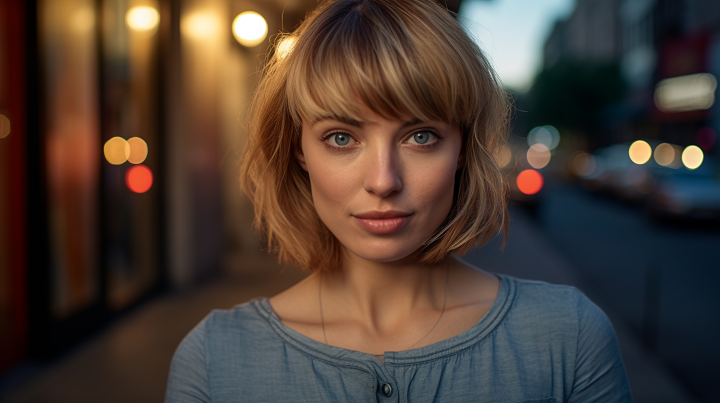 Short Caramel Blonde Bob Hair with Bangs