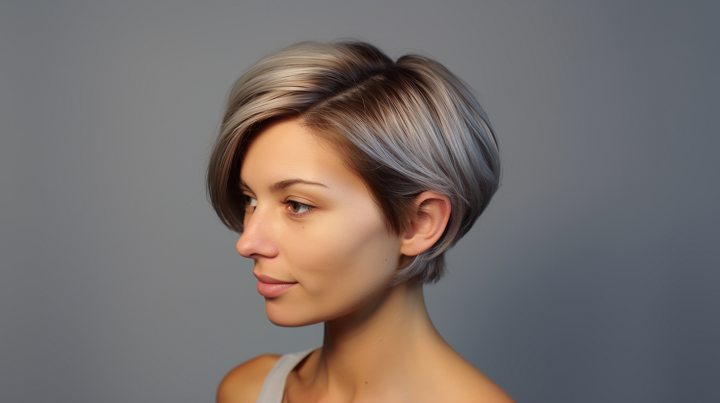 Side-Parted Pixie Bob Hair with Gray Balayage