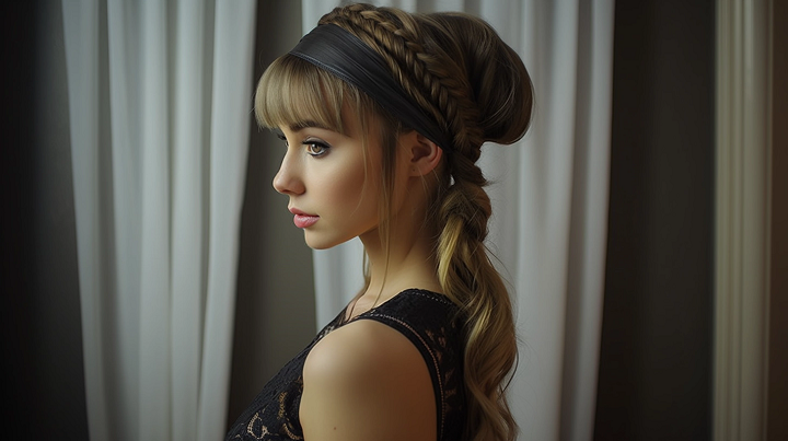 Braided Headband and Twisted Side Pony With Bangs Hairstyle