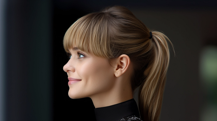 High and Glossy Brown Blonde Pony Hair With Bangs