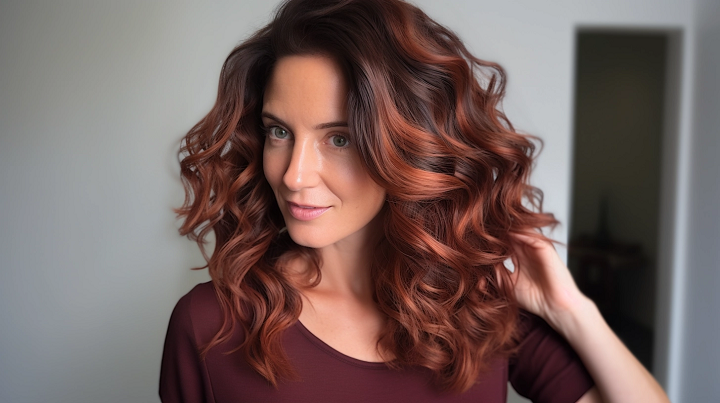 Brownish Red Balayage for Wavy Haircut