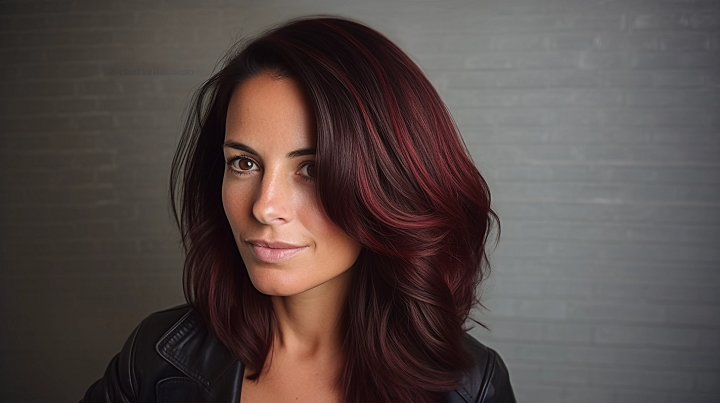 Cherry Red Highlights on Dark Brown Haircut