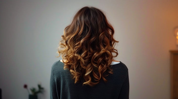 Curly Brown V-Cut Hair With Ombre Highlights