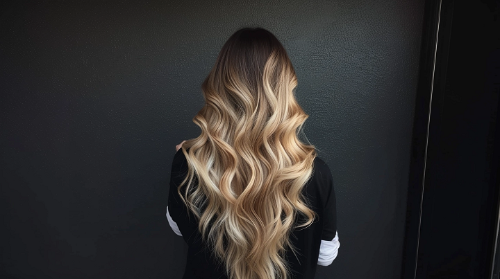 Long Textured Wavy V Shaped Haircut With Blonde Balayage