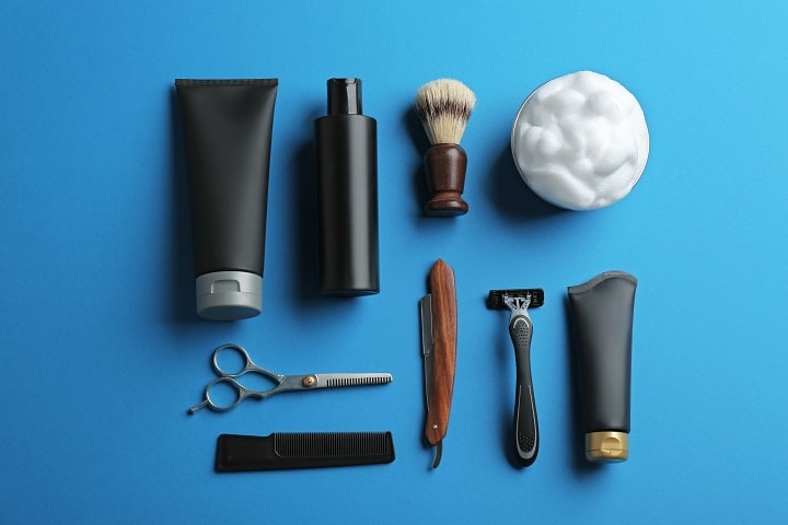 Beard Grooming Products on Blue Background