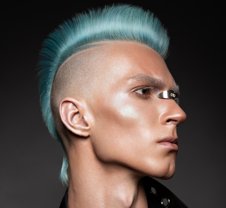 Blue Haired Guy With Temple Fade Hairstyle